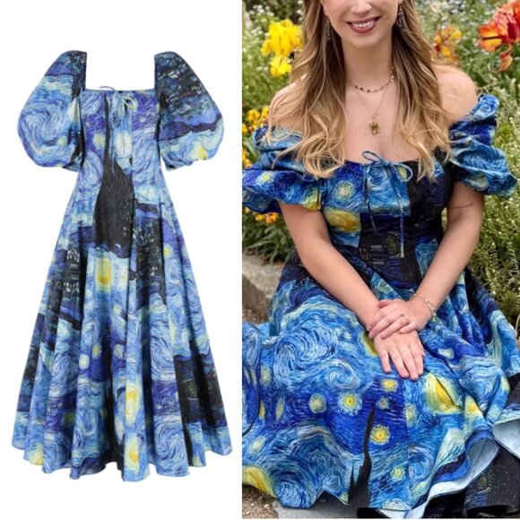 Selkie Dresses & Skirts - BEST Selkie The Starry Night Day Midi Dress Navy Van Gogh Masterpiece Medium